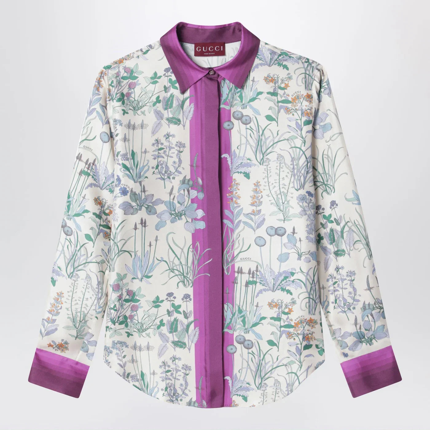 GUCCI Ivory silk twill shirt with floral print