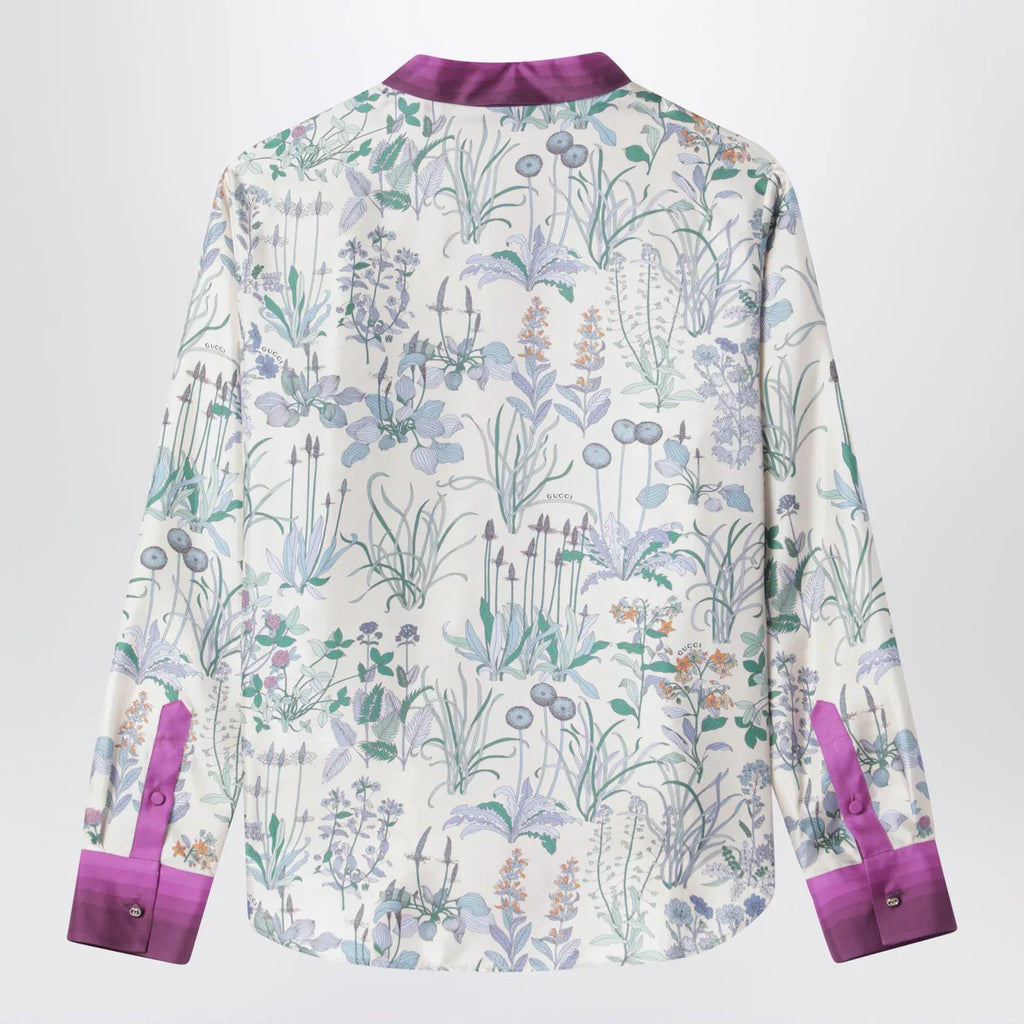 GUCCI Ivory silk twill shirt with floral print
