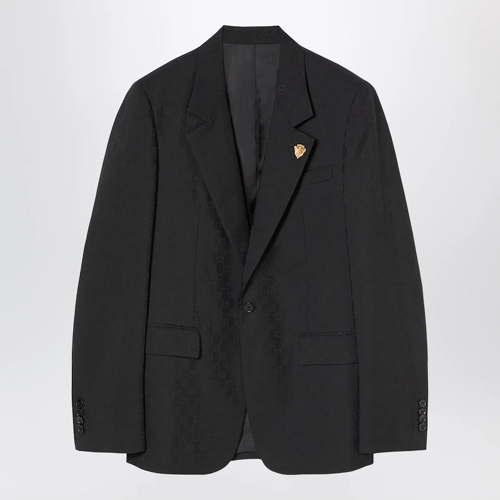 GUCCI Black Single-Breasted GG Wool Jacket