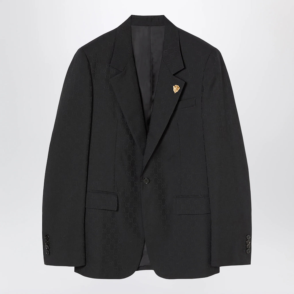 GUCCI Black Single-Breasted GG Wool Jacket