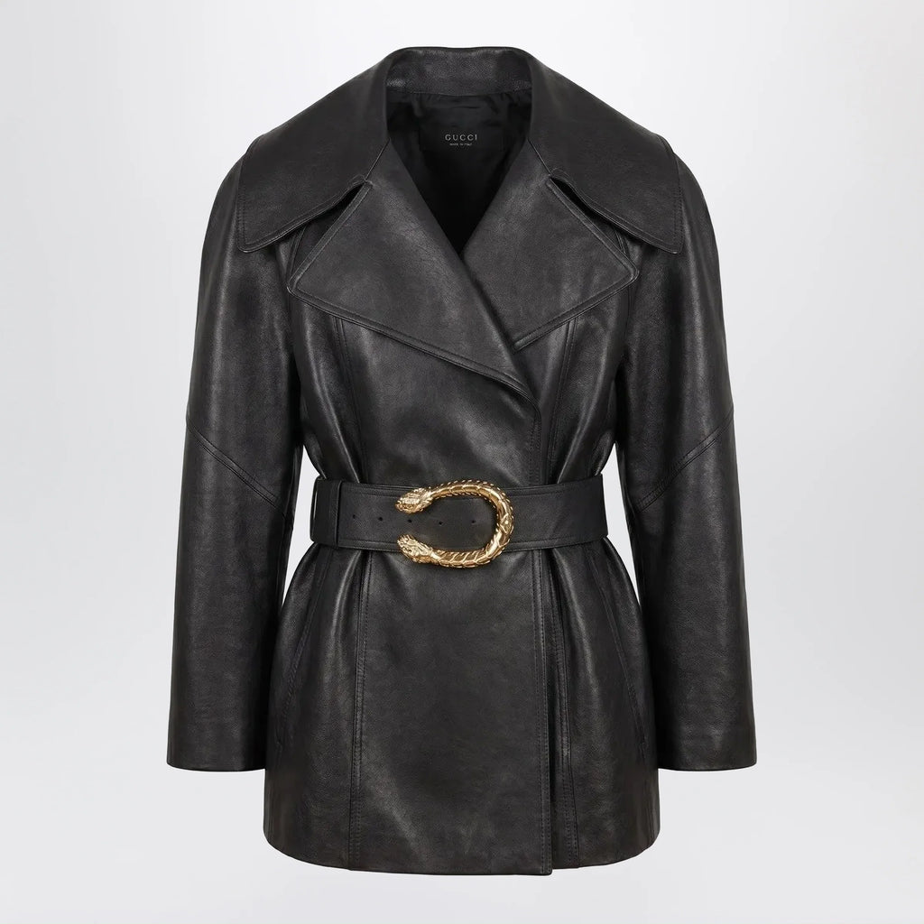 GUCCI Black leather jacket with Dionysus belt