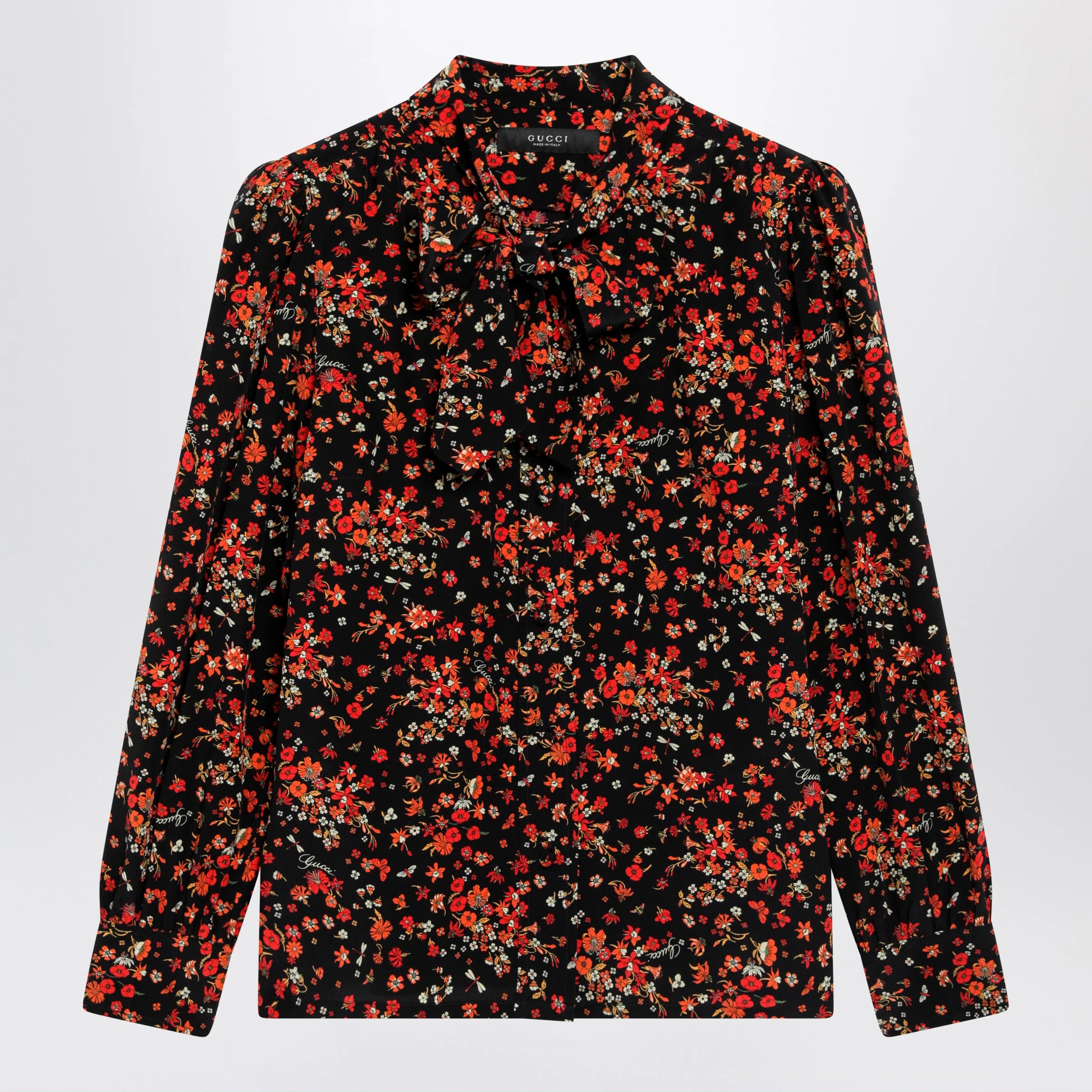 GUCCI Printed silk shirt with bow in black/red