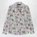 GUCCI Printed silk shirt with bow in ivory/pink