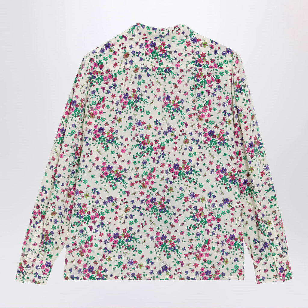 GUCCI Printed silk shirt with bow in ivory/pink