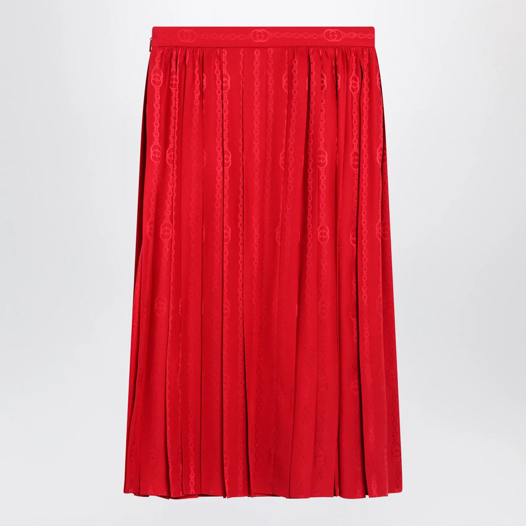 GUCCI Pleated silk jacquard midi skirt with GG chain in Fire