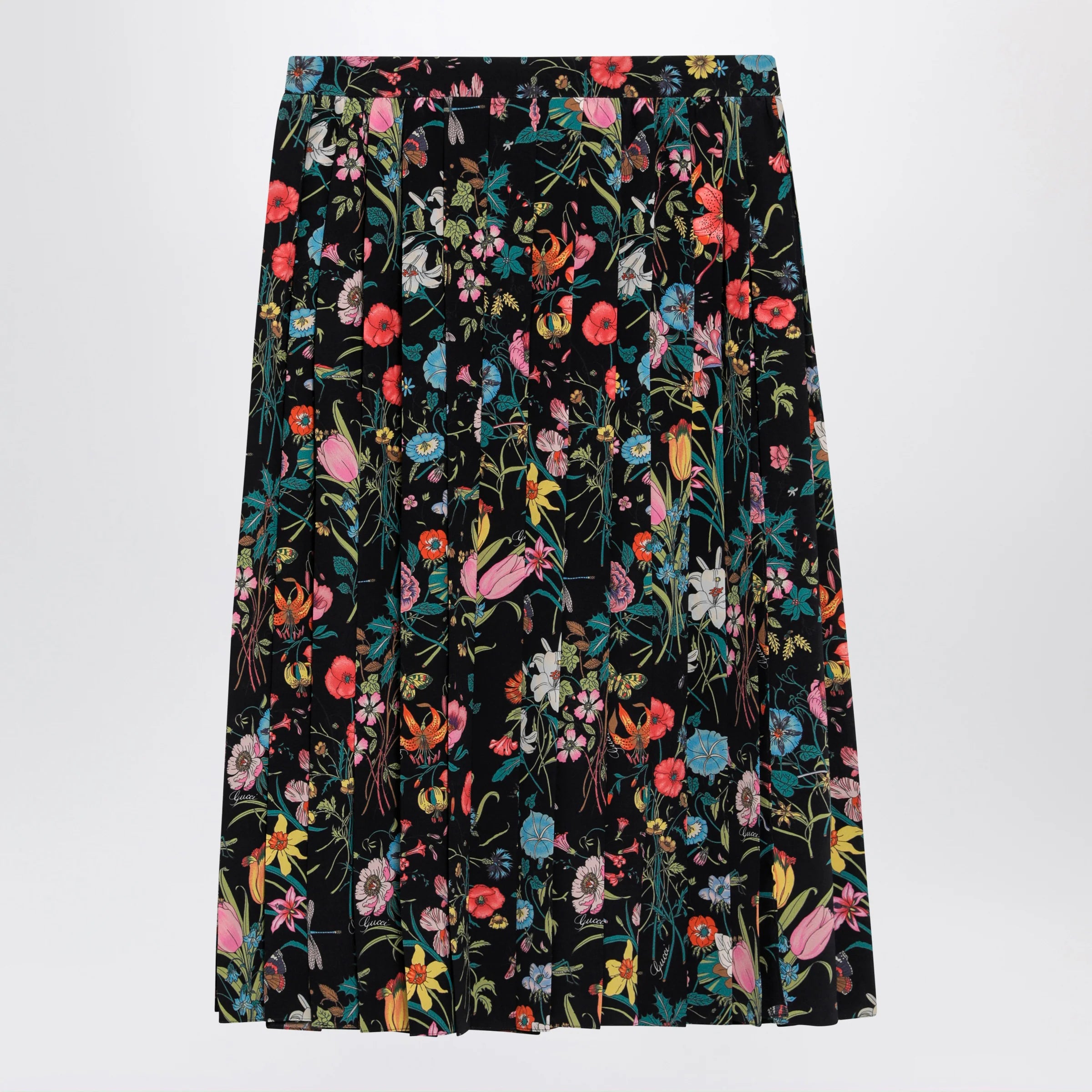 GUCCI Pleated midi silk skirt with Flora print in black