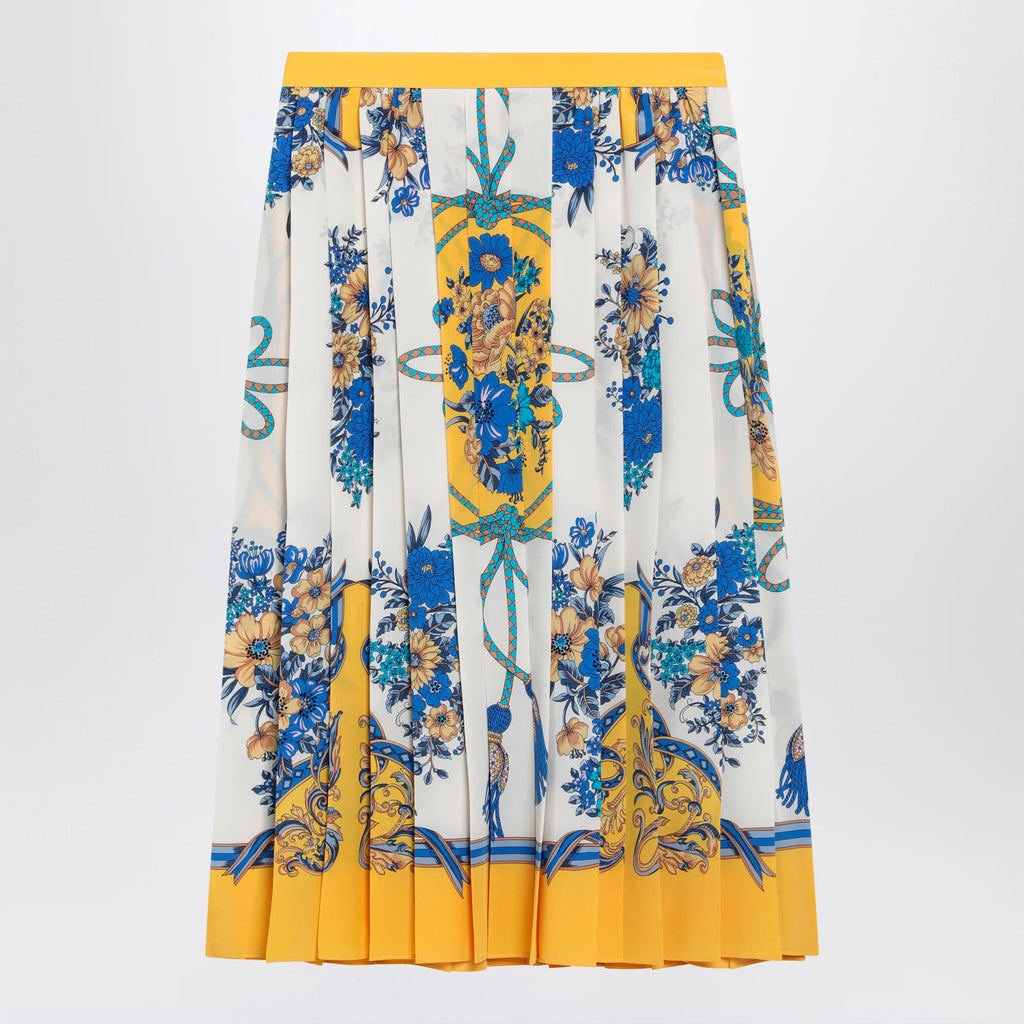 GUCCI Pleated midi silk skirt with Flora print in yellow/ivory