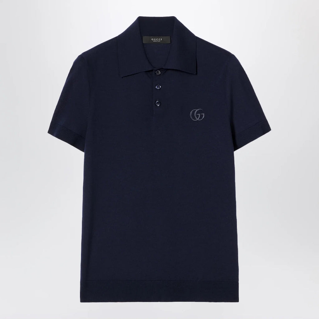 GUCCI Dark blue wool knit polo with GG embroidery