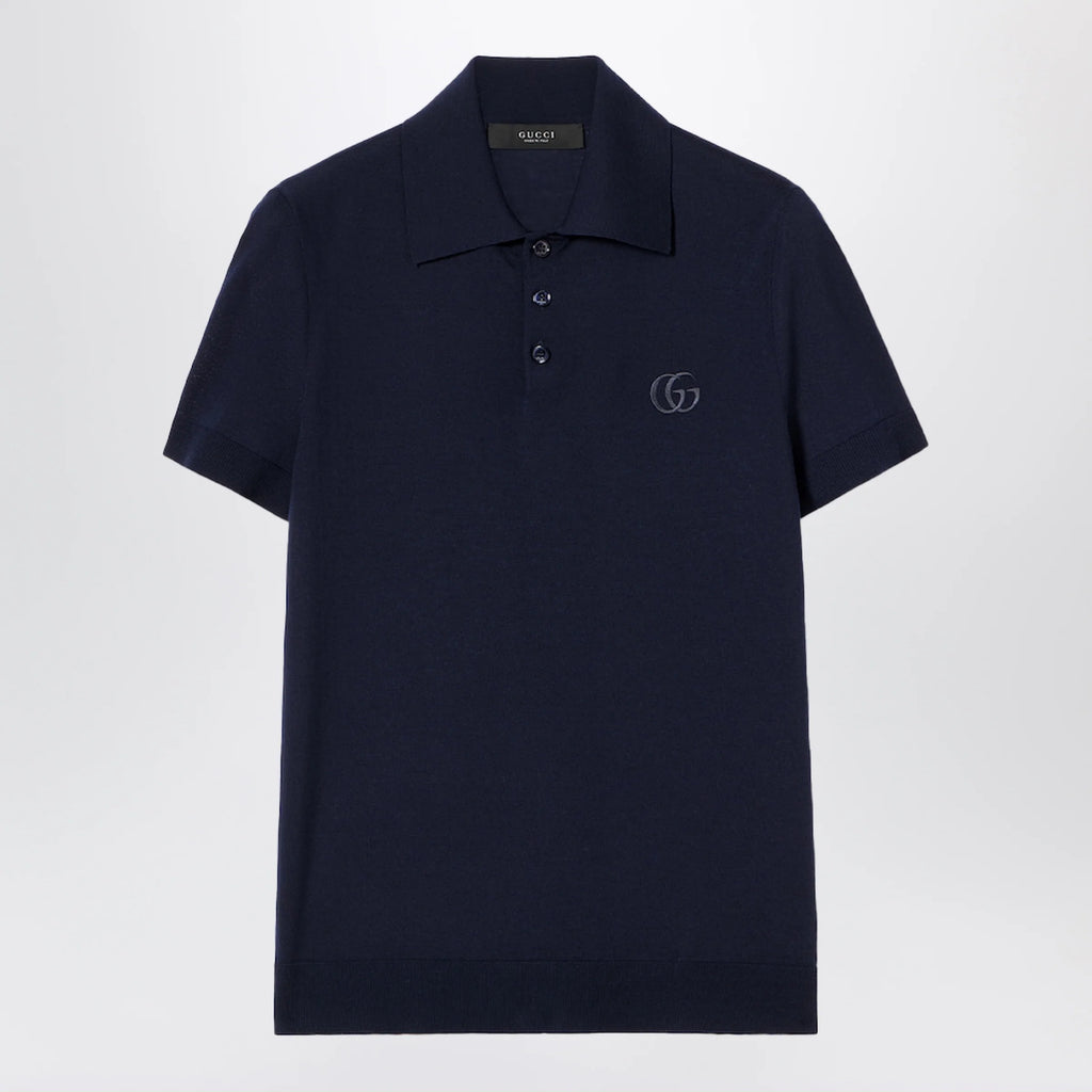 GUCCI Dark blue wool knit polo with GG embroidery