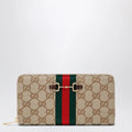 GUCCI Horsebit Web zipped wallet in GG canvas beige
