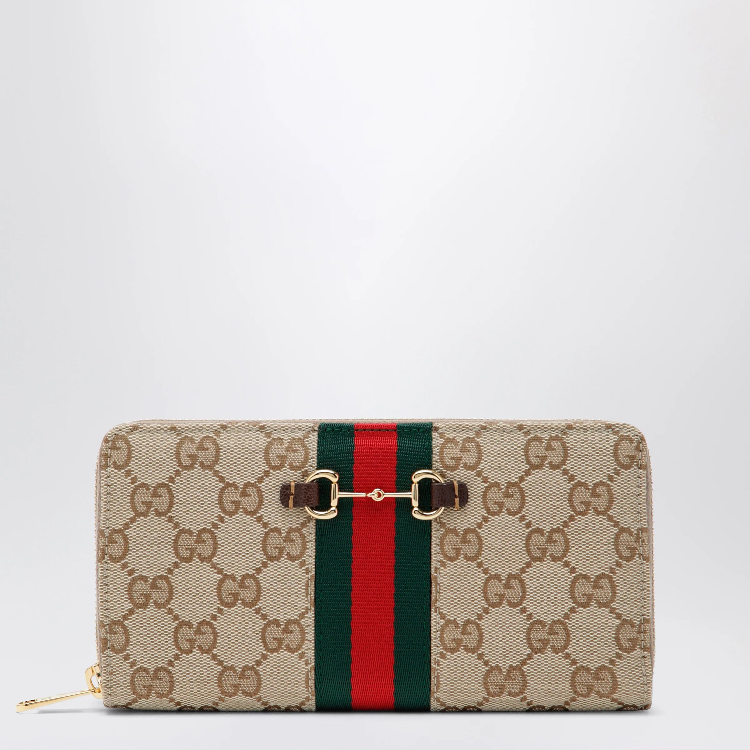 GUCCI Horsebit Web zipped wallet in GG canvas beige