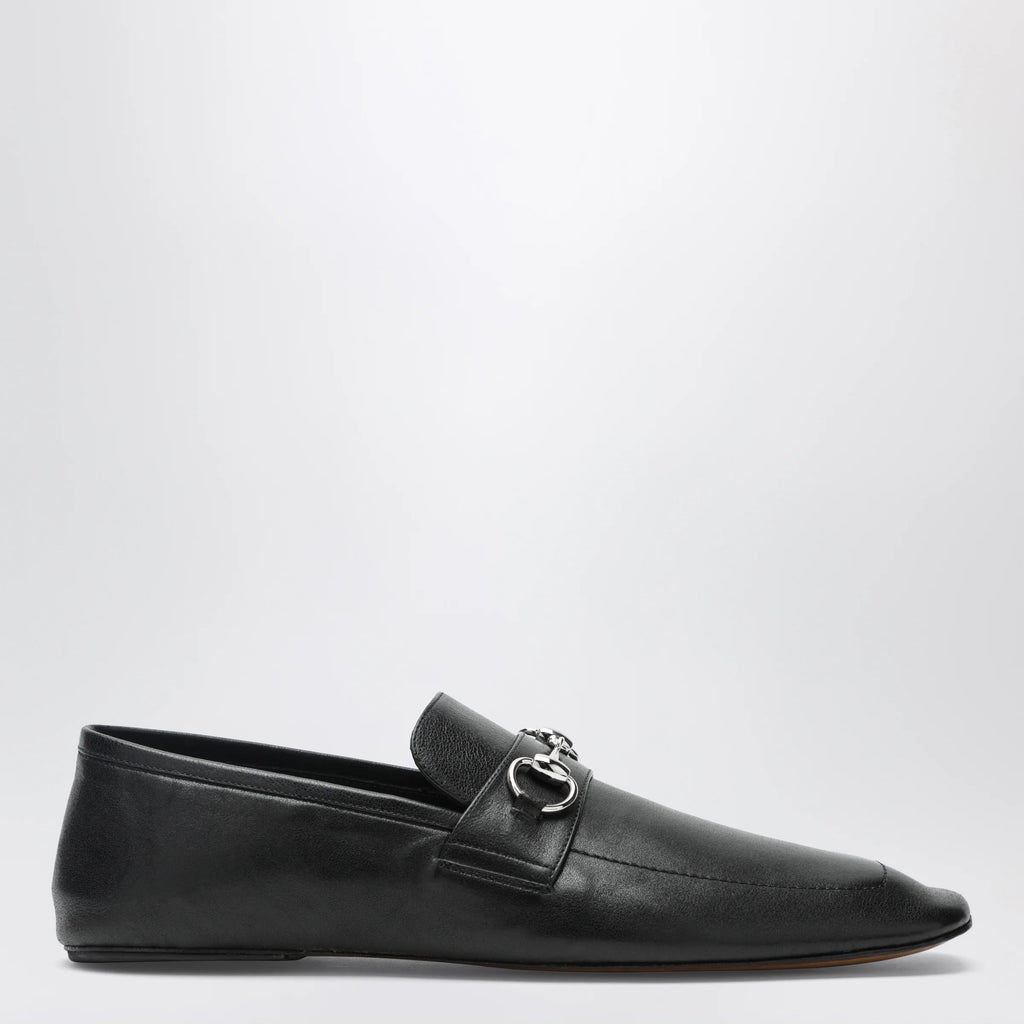 GUCCI Black leather horsebit loafers with silver hardware