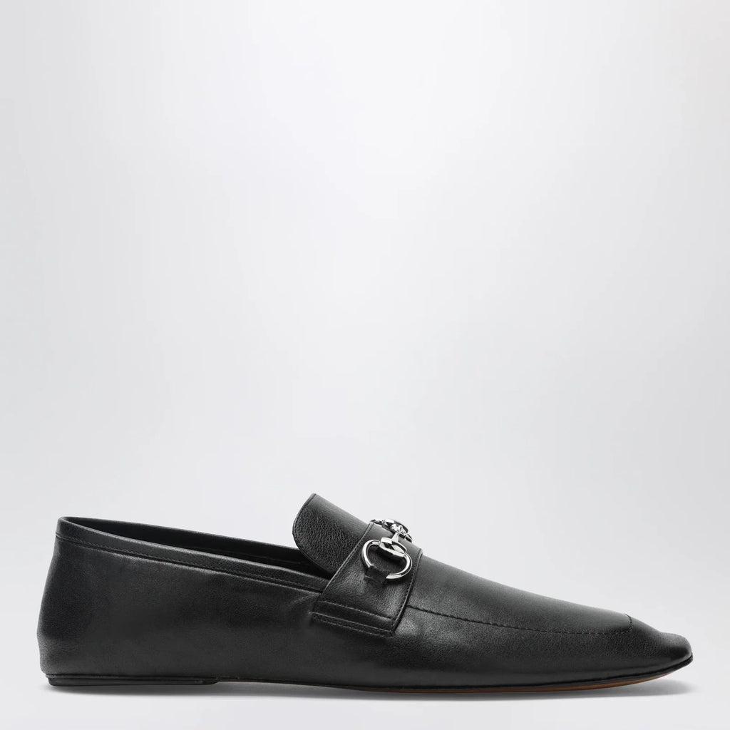 GUCCI Black leather horsebit loafers with silver hardware