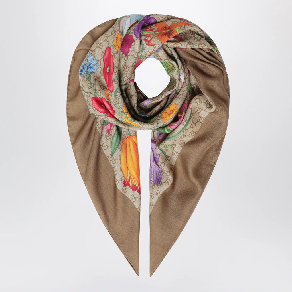GUCCI Wool and silk shawl with Flora and GG print in shell