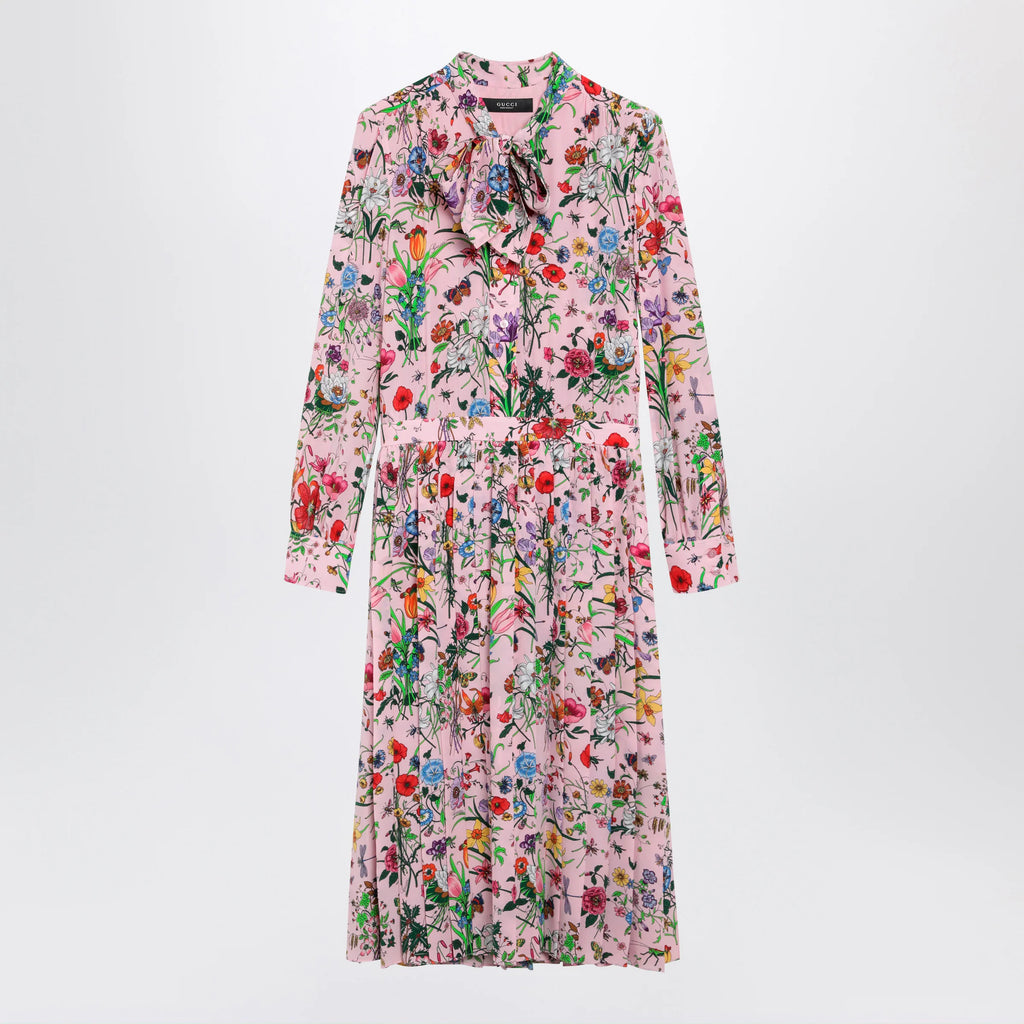GUCCI Flora print silk shirt dress in pink multicolor