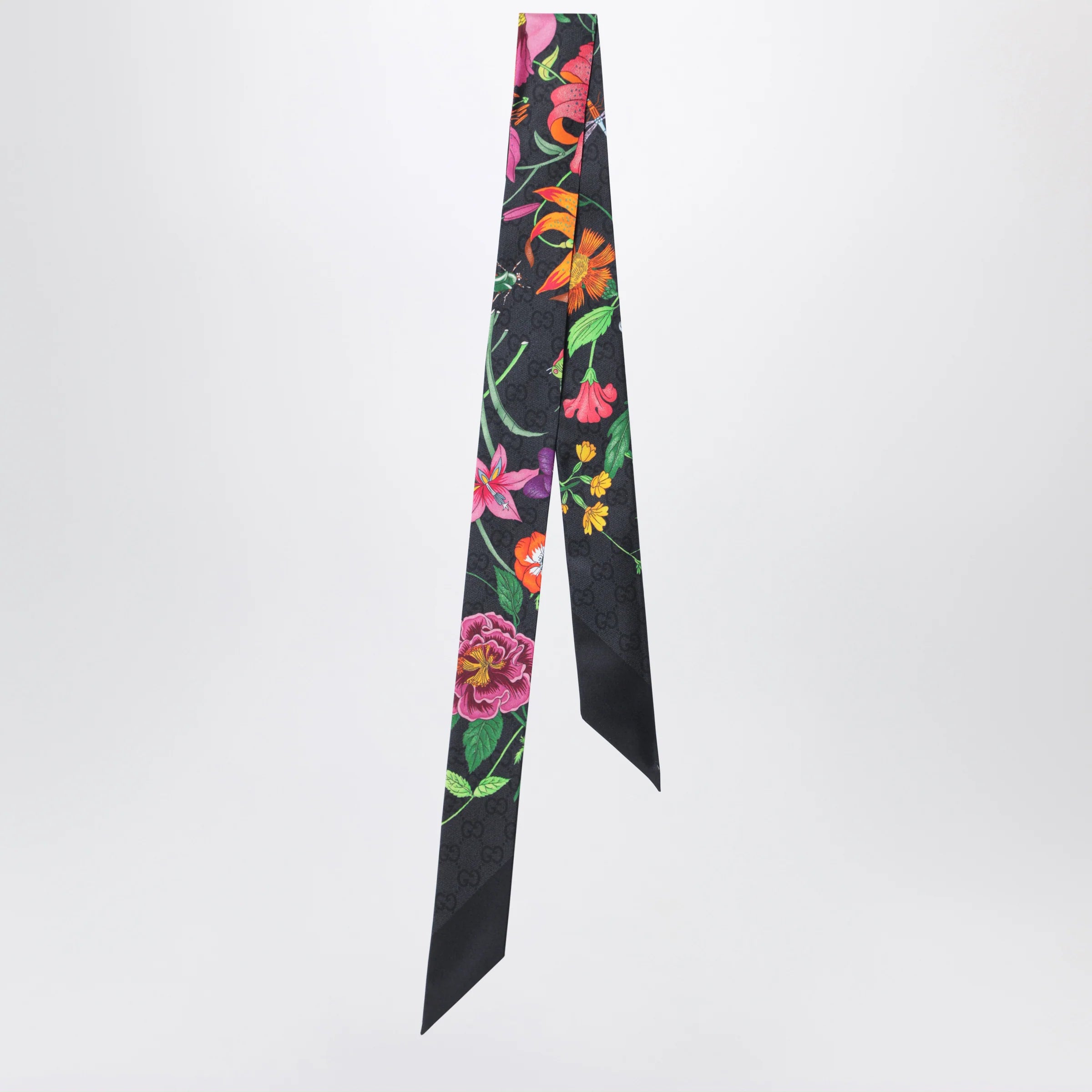 GUCCI Silk ribbon with GG Flora print in black