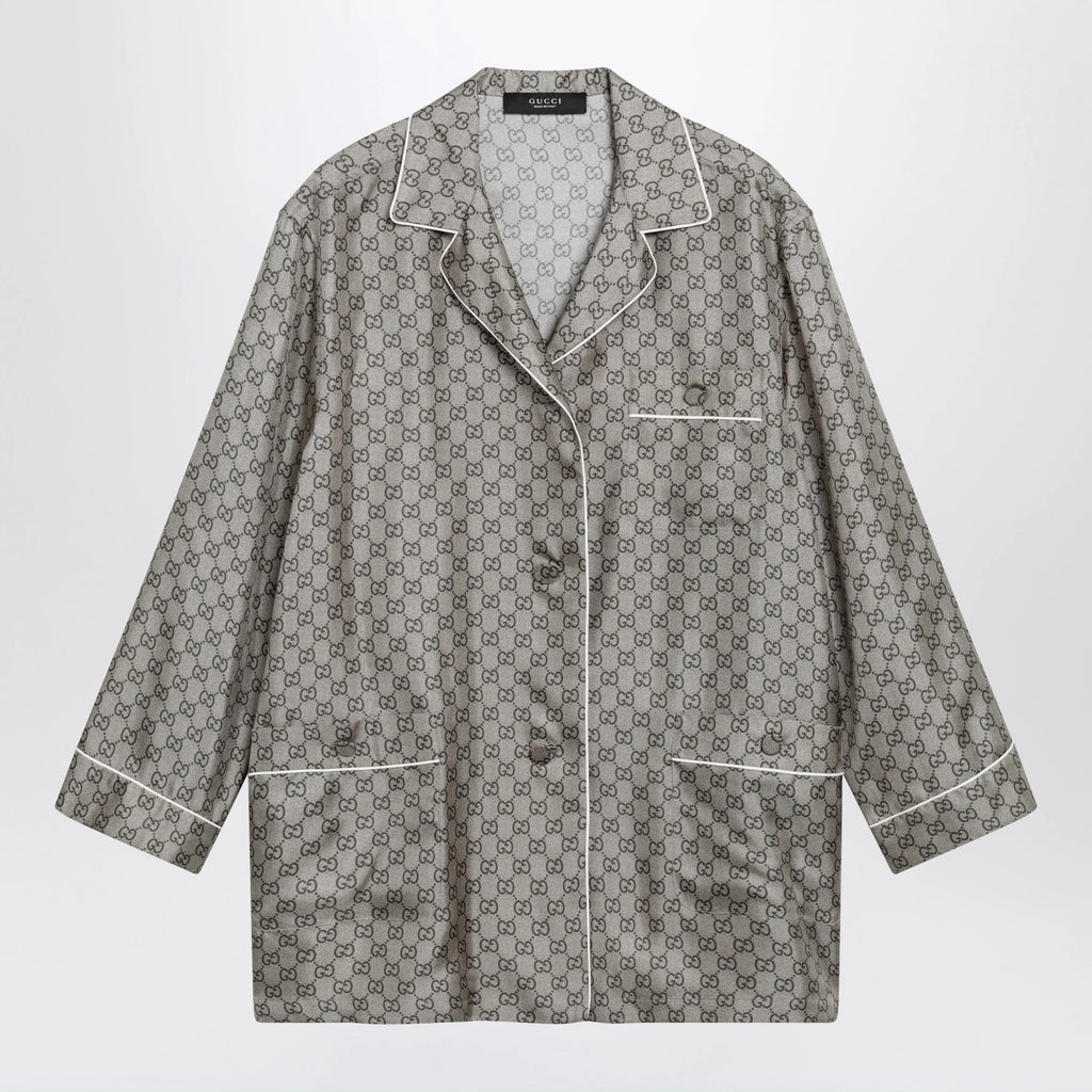 GUCCI Silk twill shirt with GG print in beige