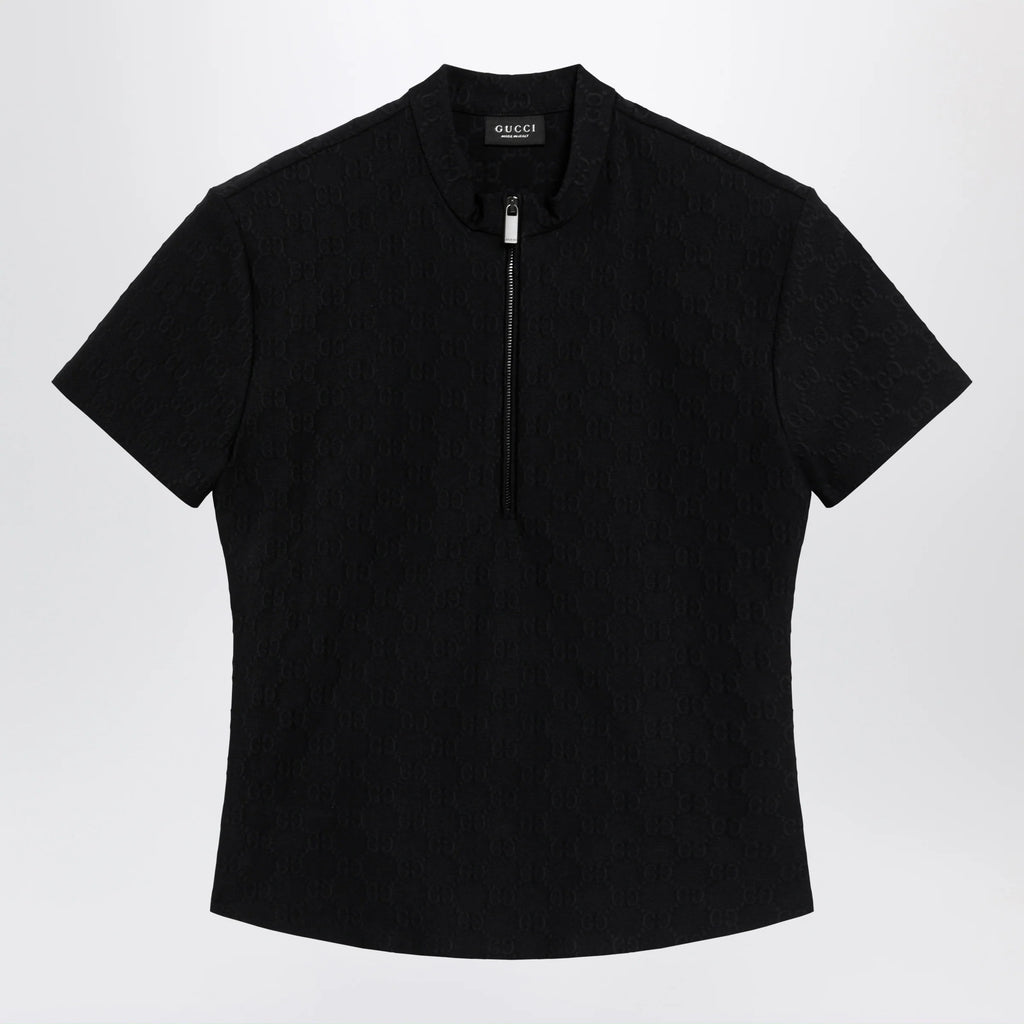 GUCCI Black GG jacquard jersey T-shirt with half zip