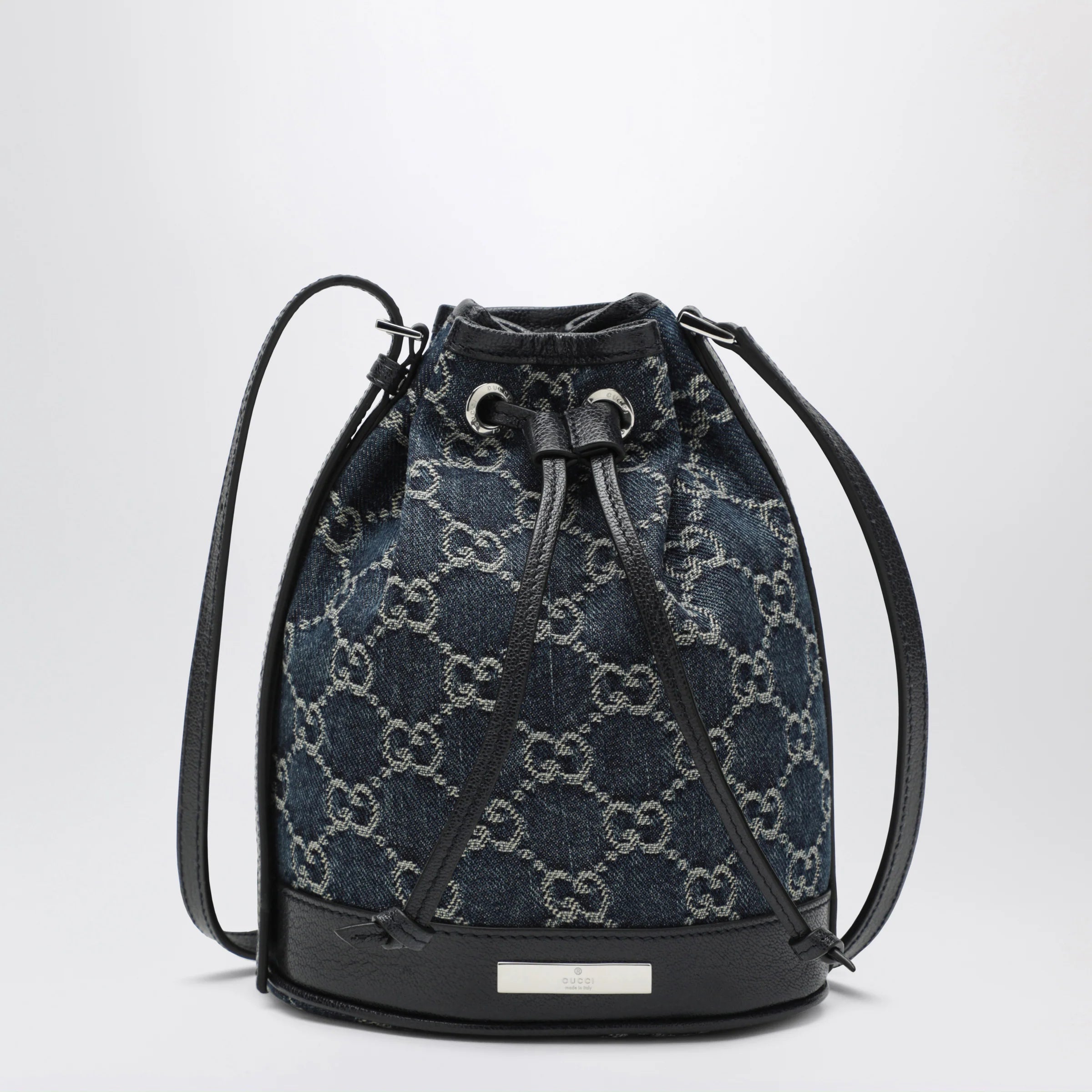 GUCCI Mini bucket bag with plaque in GG délavé denim, blue