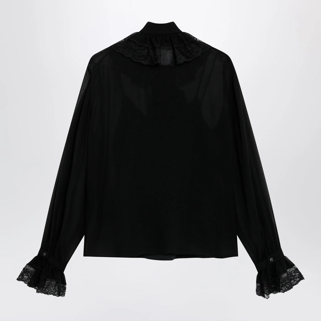 GUCCI Black lightweight silk georgette shirt with lace