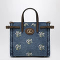 Valentino Garavani Antibes small embroidered denim shopping bag in blue