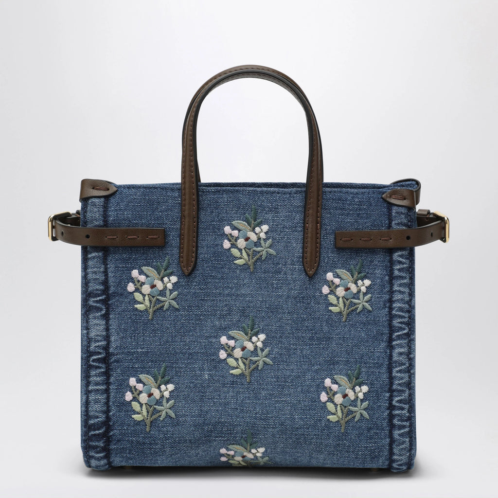 Valentino Garavani Antibes small embroidered denim shopping bag in blue