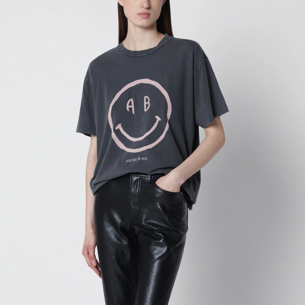 ANINE BING Cade Tee Smiley graphic cotton T-shirt in Washed Grey