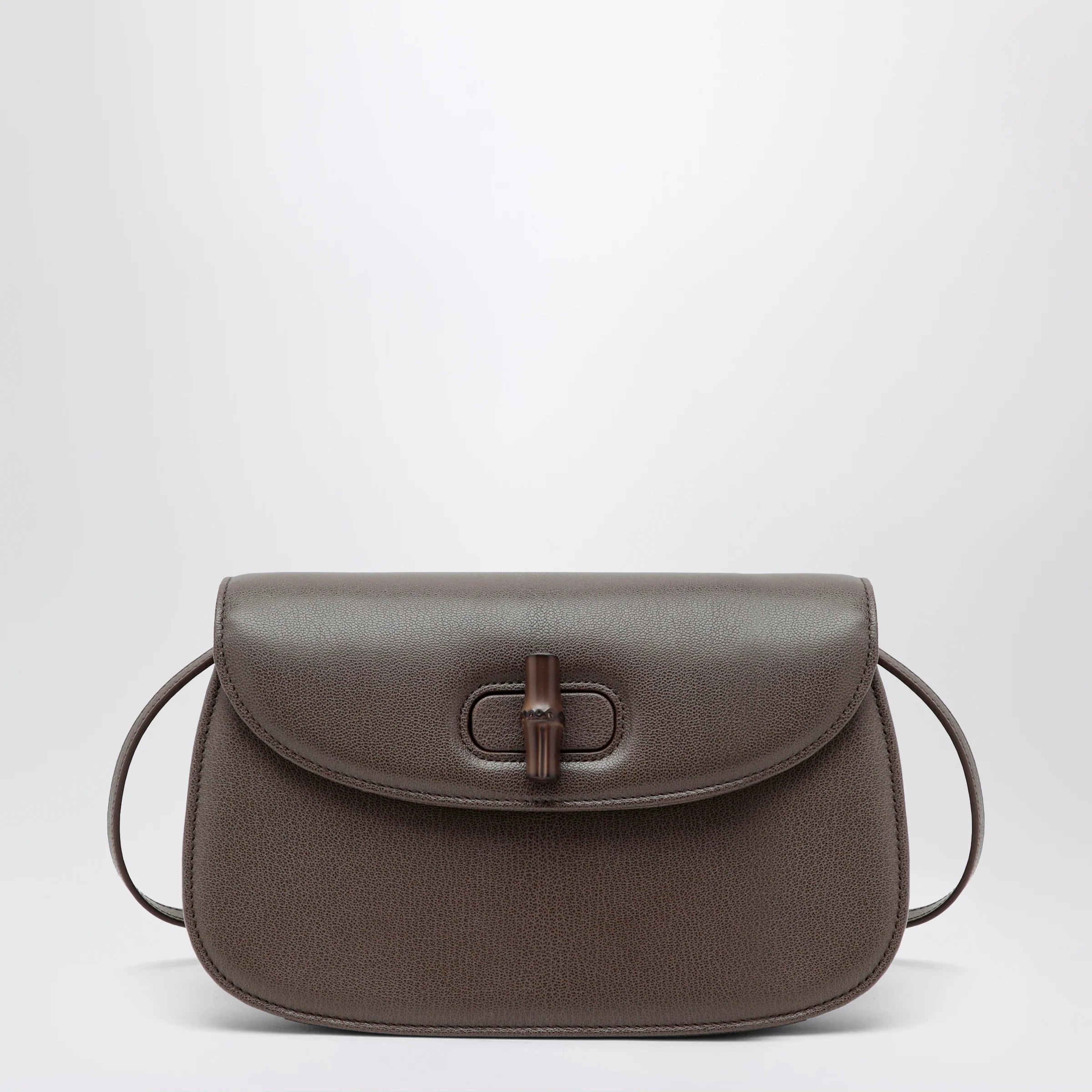 GUCCI Small shoulder bag in dark taupe leather with bamboo closure