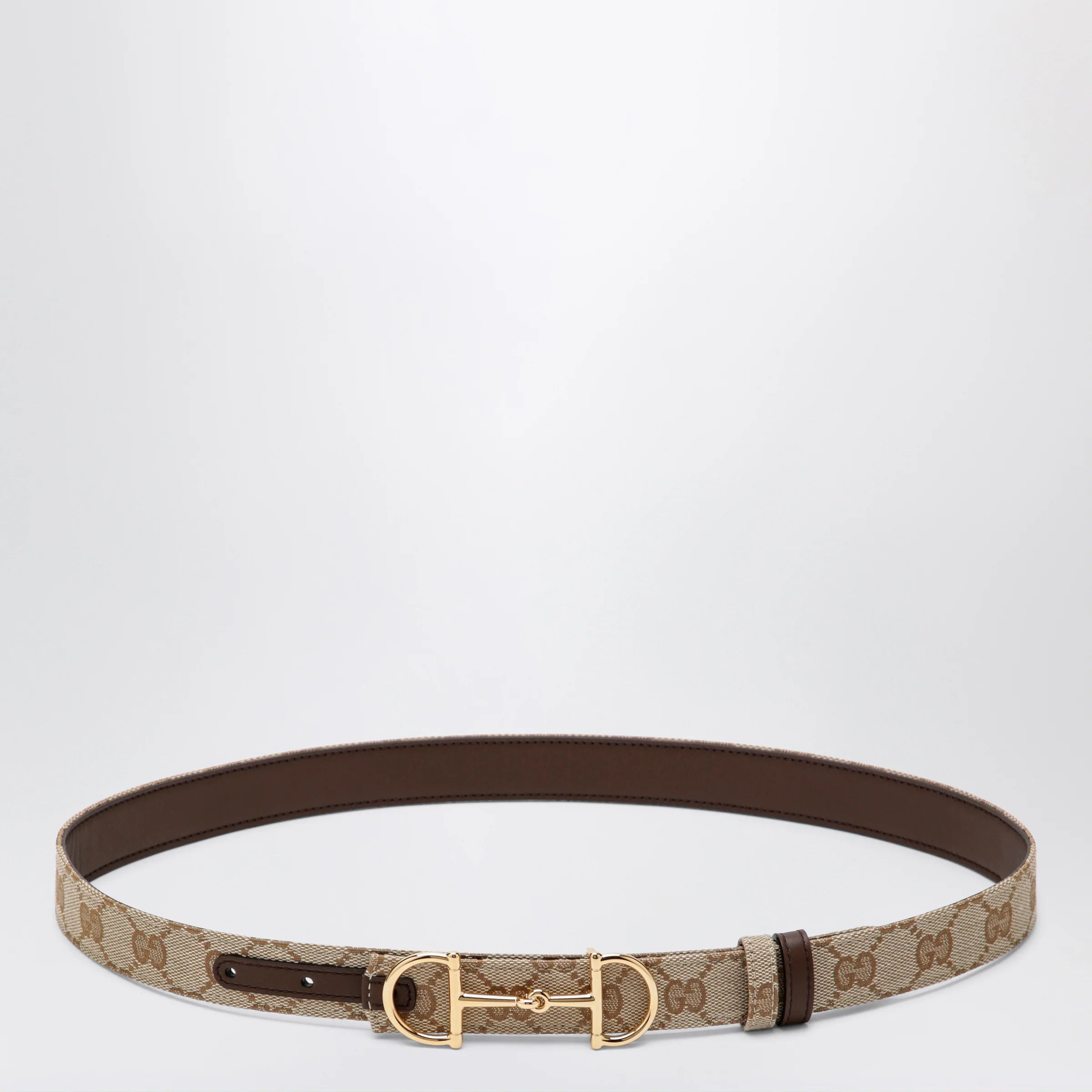 GUCCI Reversible GG fabric and leather belt in sand/brown with Horsebit buckle