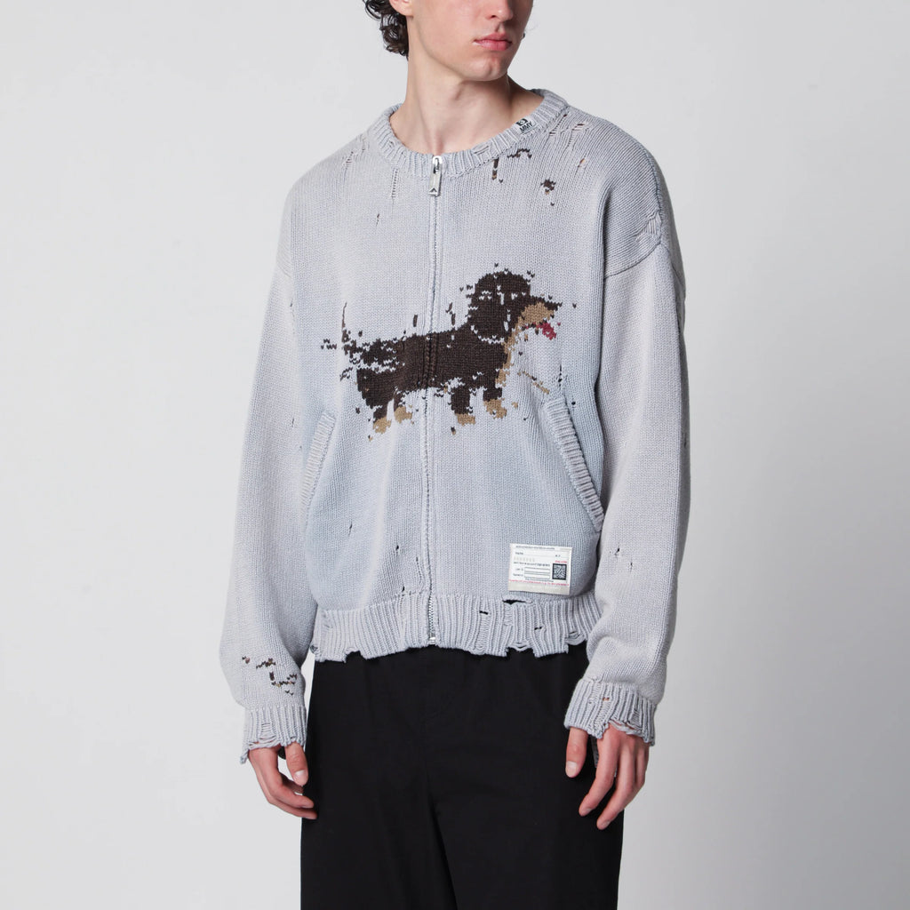 Maison MIHARA YASUHIRO Jacquard cardigan with dachshund in distressed cotton blend