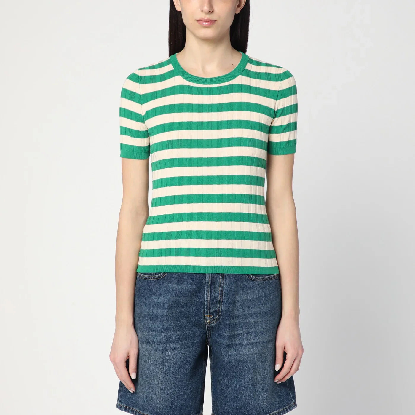 Roberto Collina Green/ivory striped sweater in cotton