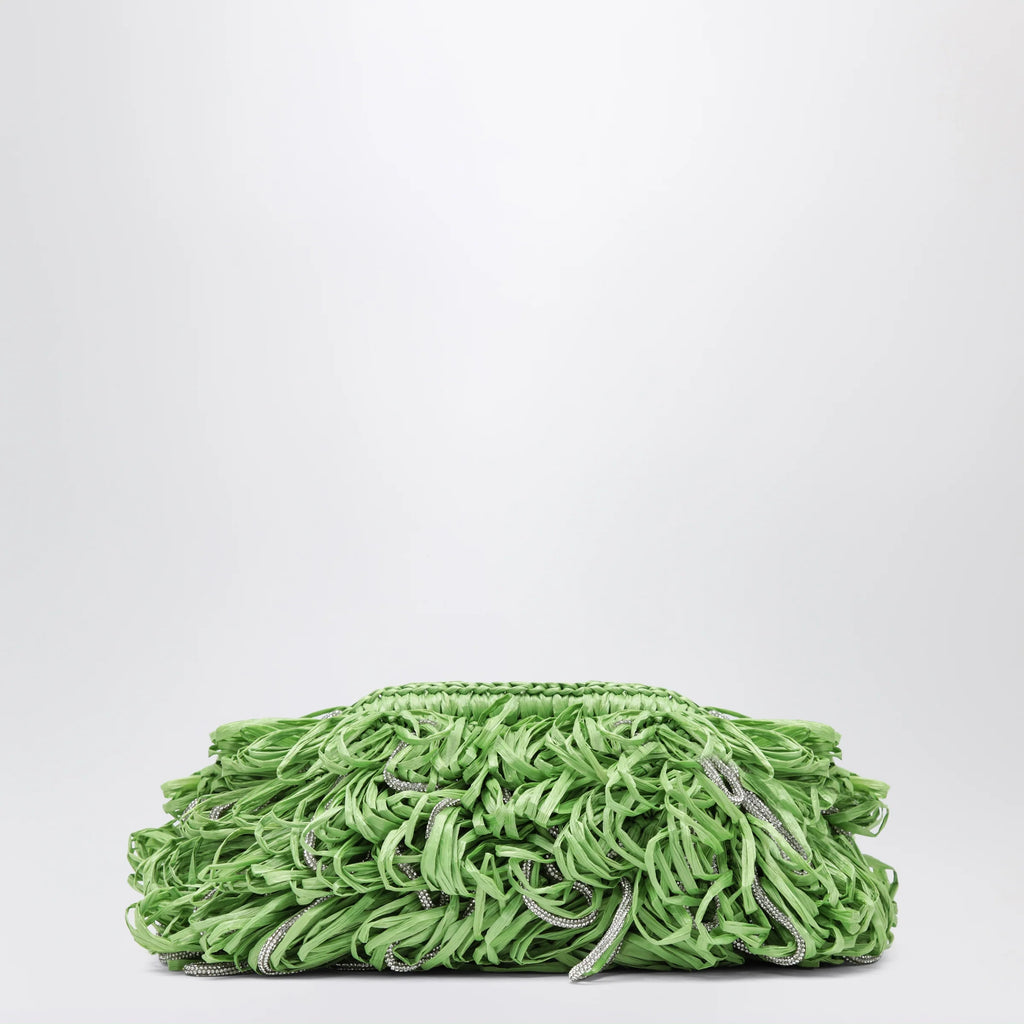 Hibourama Beatrix apple green clutch with raffia fringes and crystals