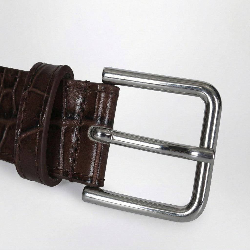 The Frankie Shop Toni Croc belt in brown patent leather with silver-tone hardware