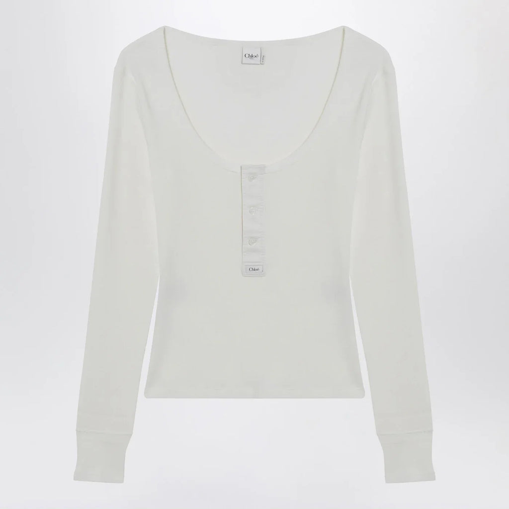 Chloé White Henley cotton jersey top
