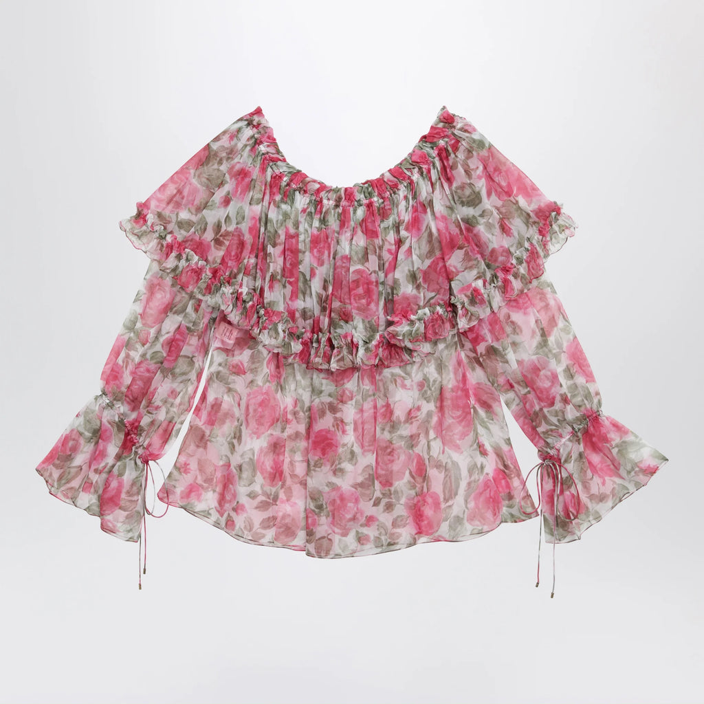 Chloé Puff-sleeve top in multicolor silk