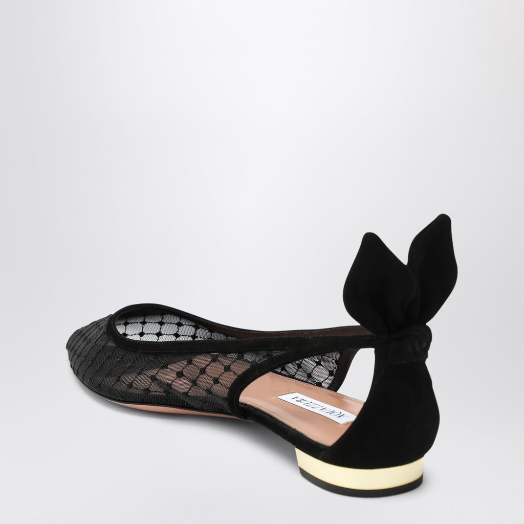 Aquazzura Black mesh and suede ballerinas with bow