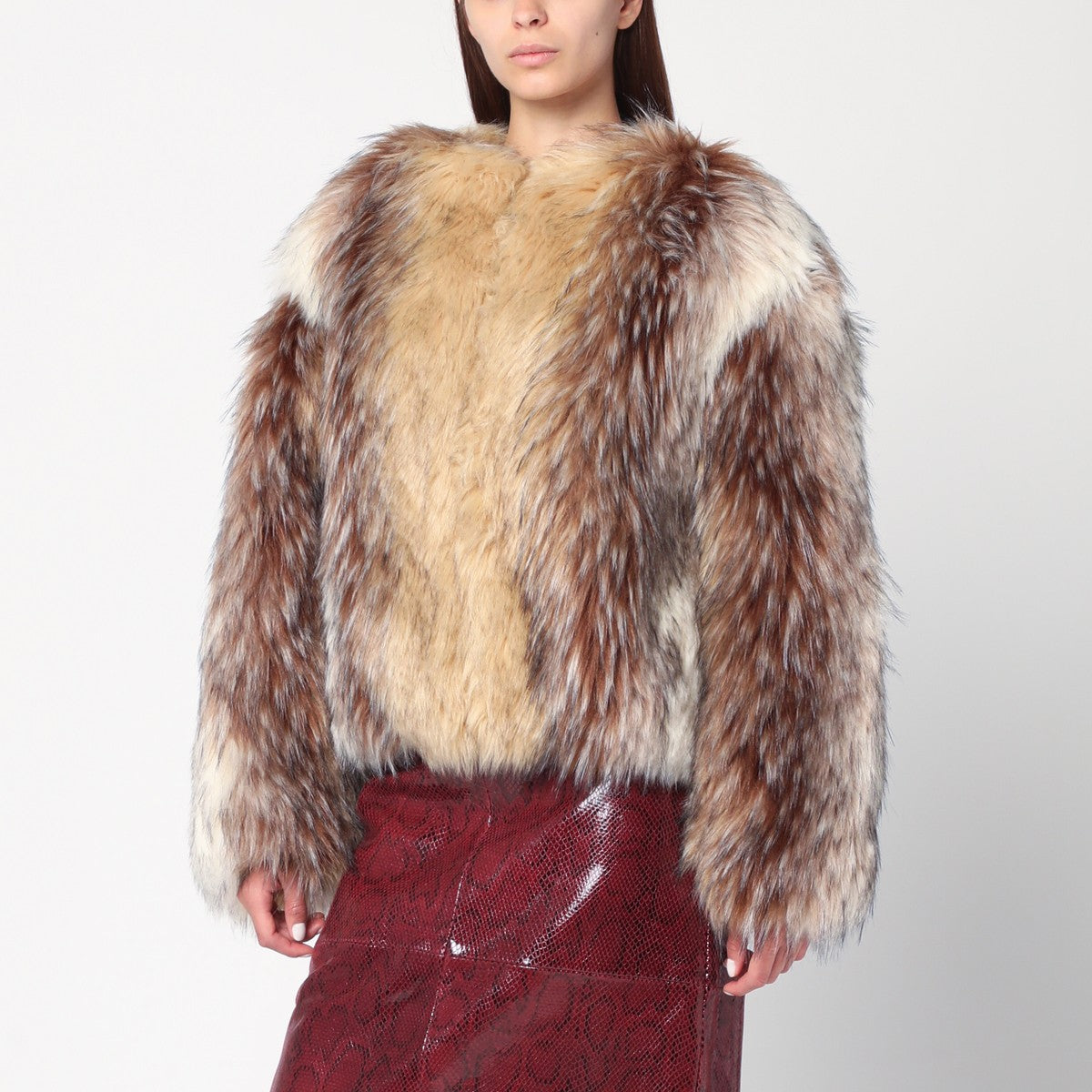 HALFBOY Short beige/black/white faux fur coat