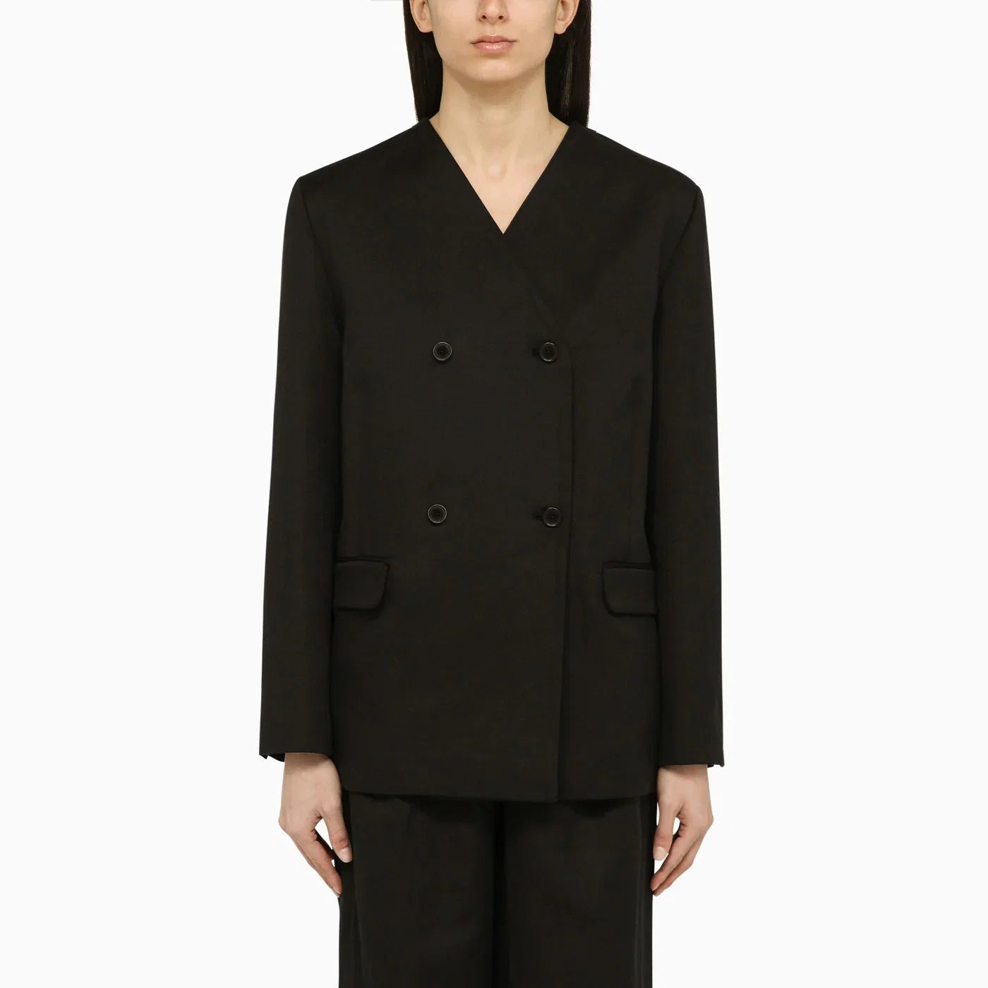 LouLou De Saison Black double-breasted jacket in cotton and linen