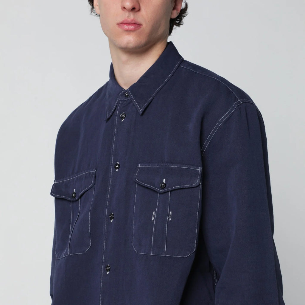 STUDIO NICHOLSON Louro shirt indigo blue in cotton and linen