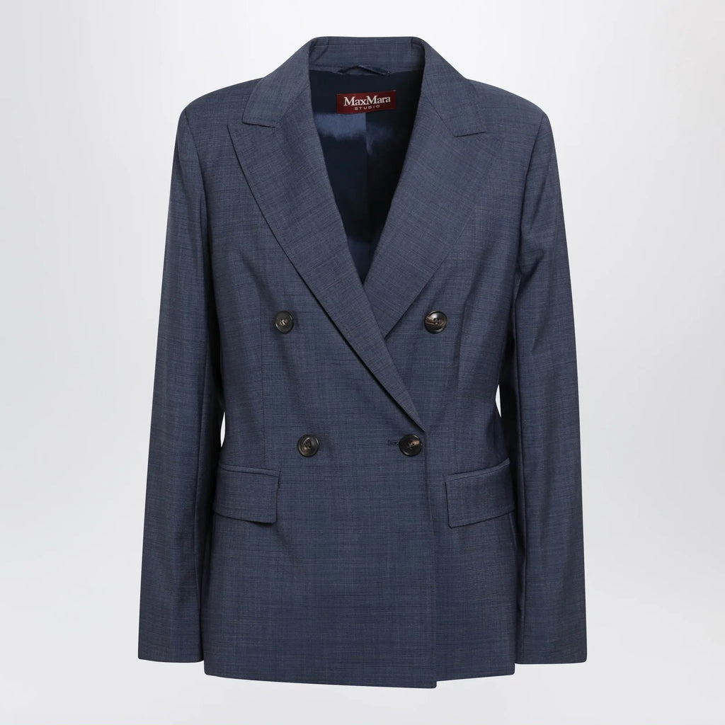 Max Mara Studio Double-Breasted Jacket in Denim Blue Wool Canvas