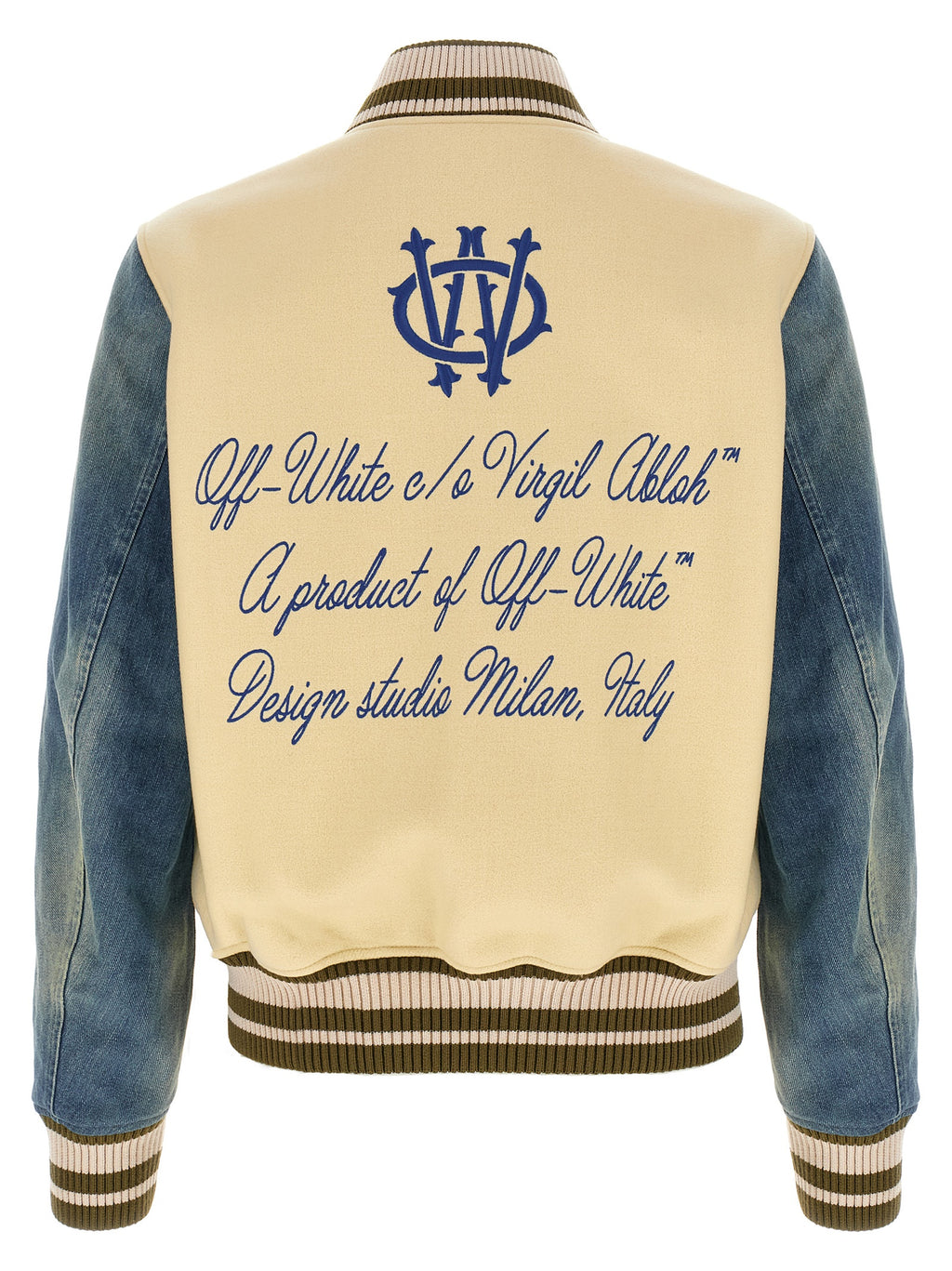 Off White Off-white Gothic Wool Denim Varsity Bomber Jacket