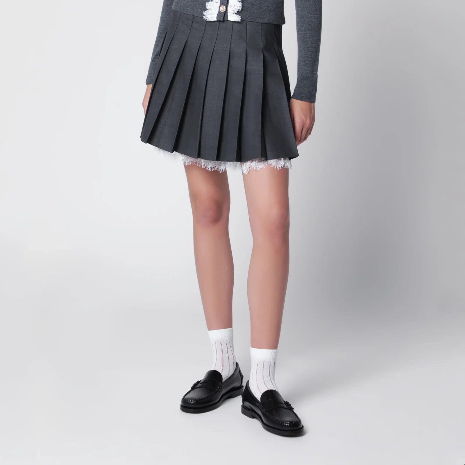 Self-Portrait SELF PORTRAIT Pleated wool mini skirt with lace trim in grey
