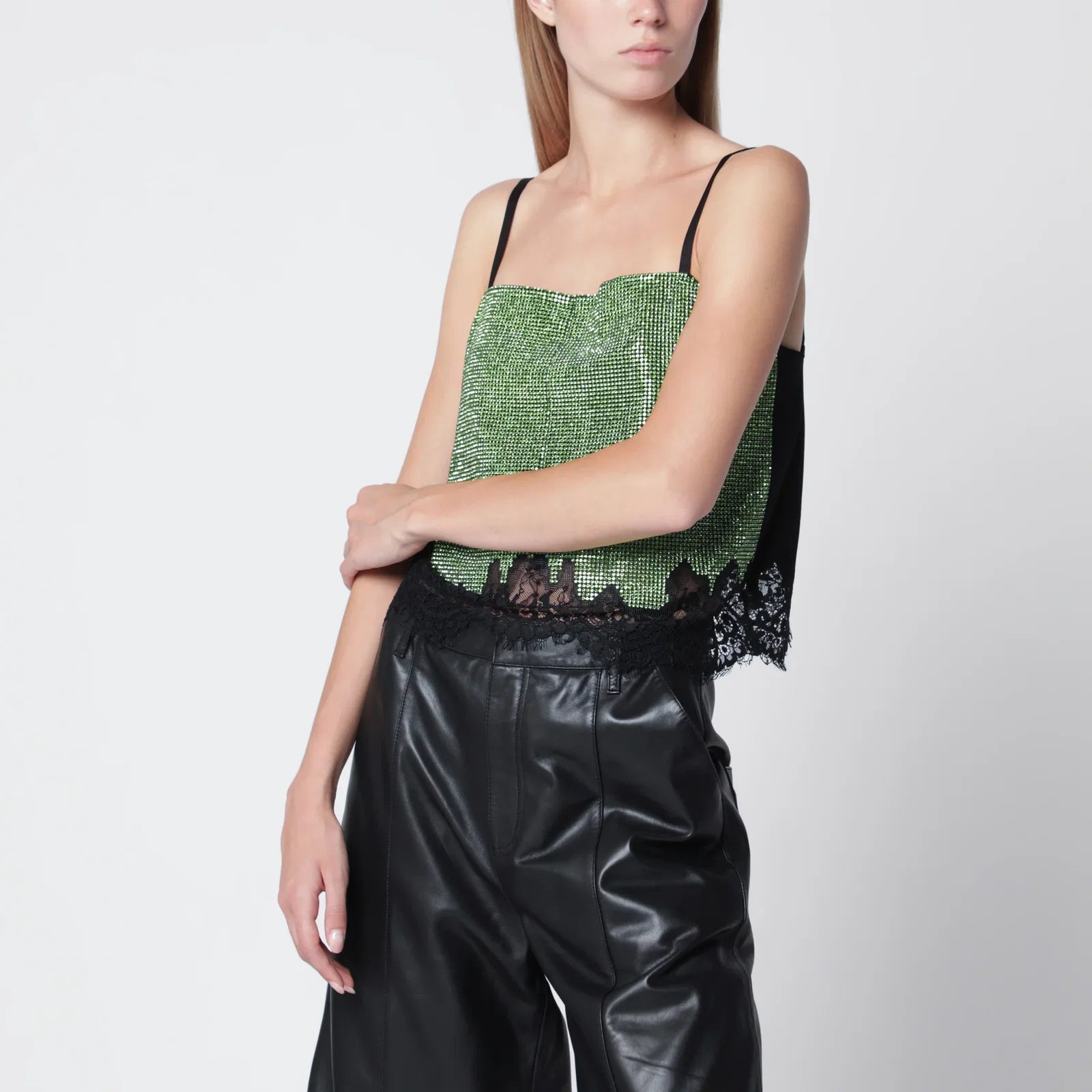 Self-Portrait SELF PORTRAIT Crystal-embellished metallic knit top in green