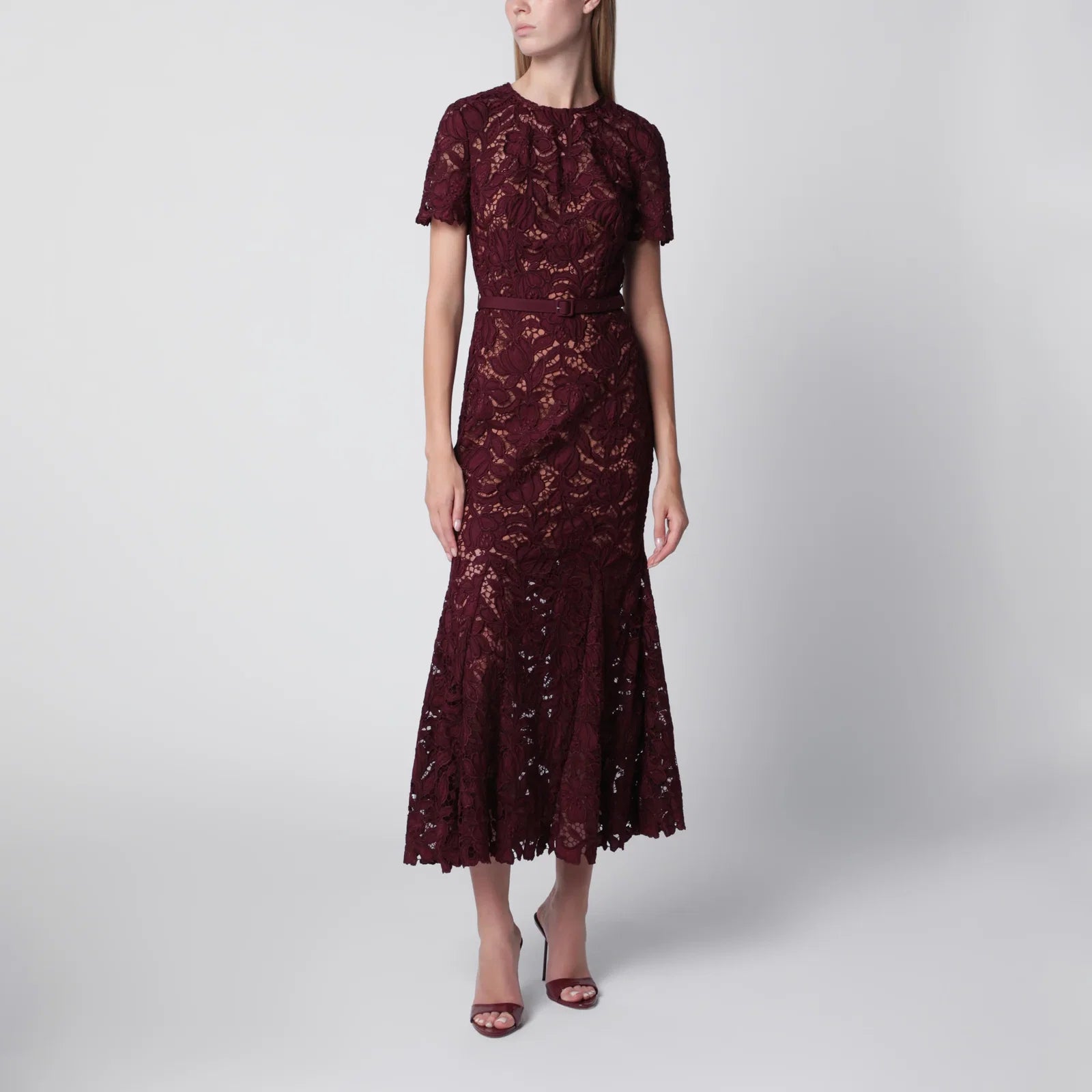 Self-Portrait SELF PORTRAIT Burgundy lace midi dress with removable belt