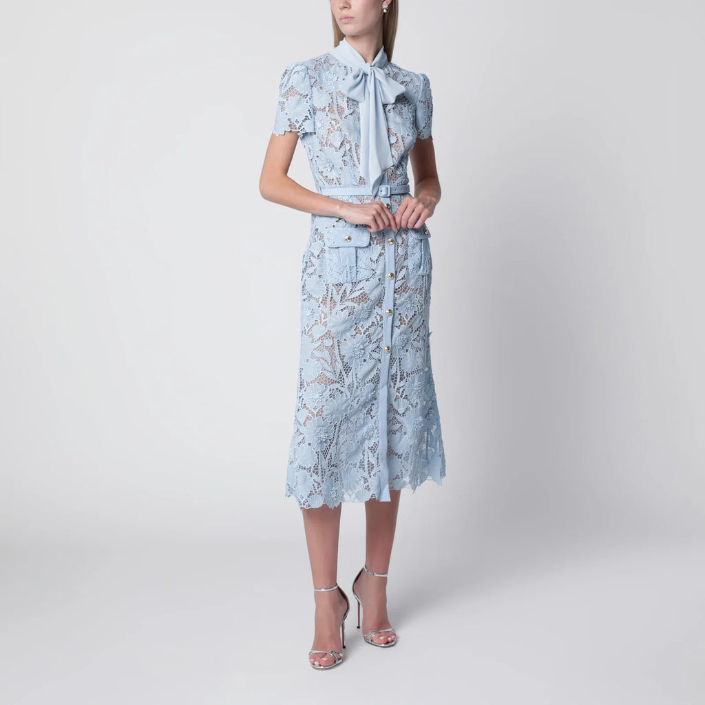 Self-Portrait SELF PORTRAIT Tie-neck lace midi dress in blue