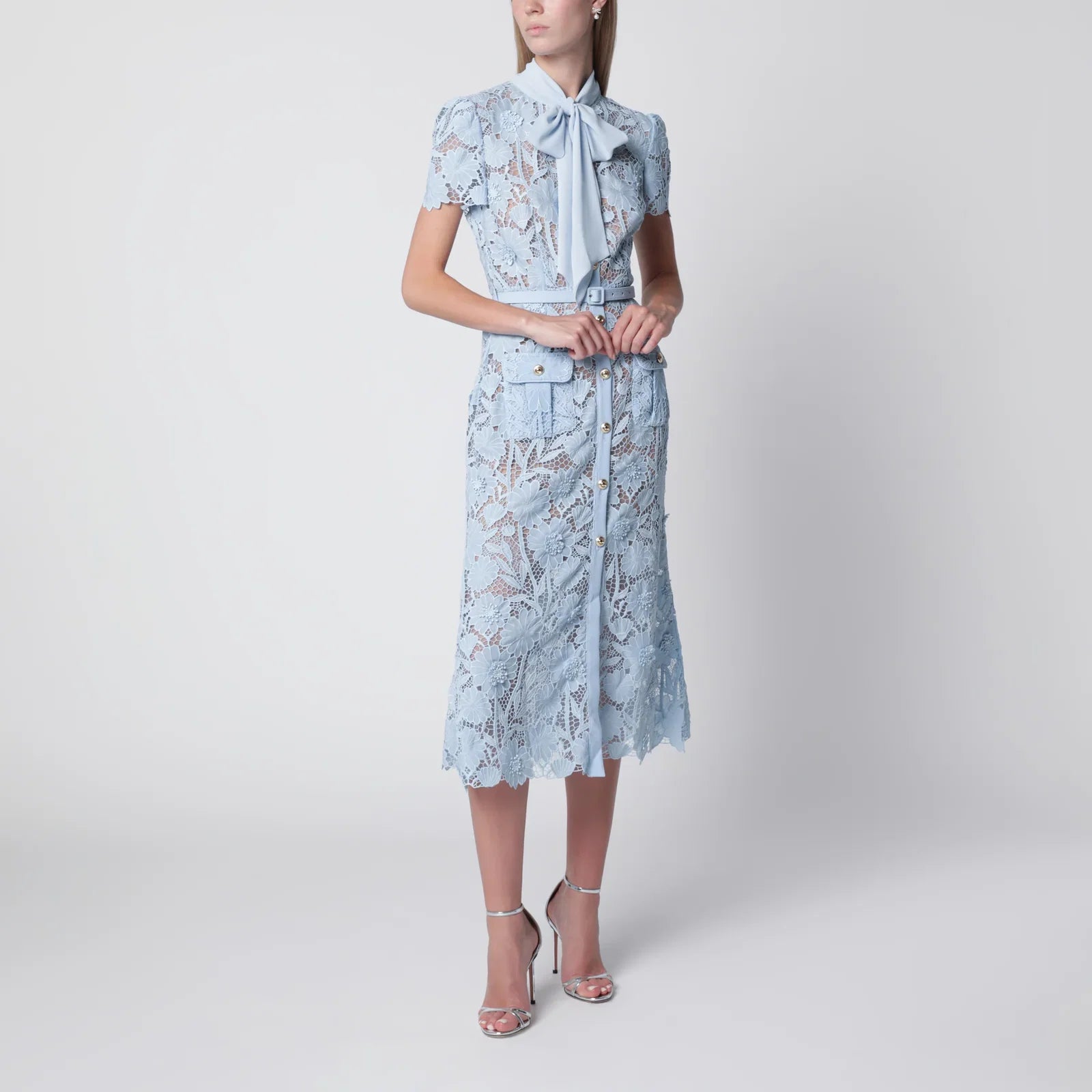 Self-Portrait SELF PORTRAIT Tie-neck lace midi dress in blue