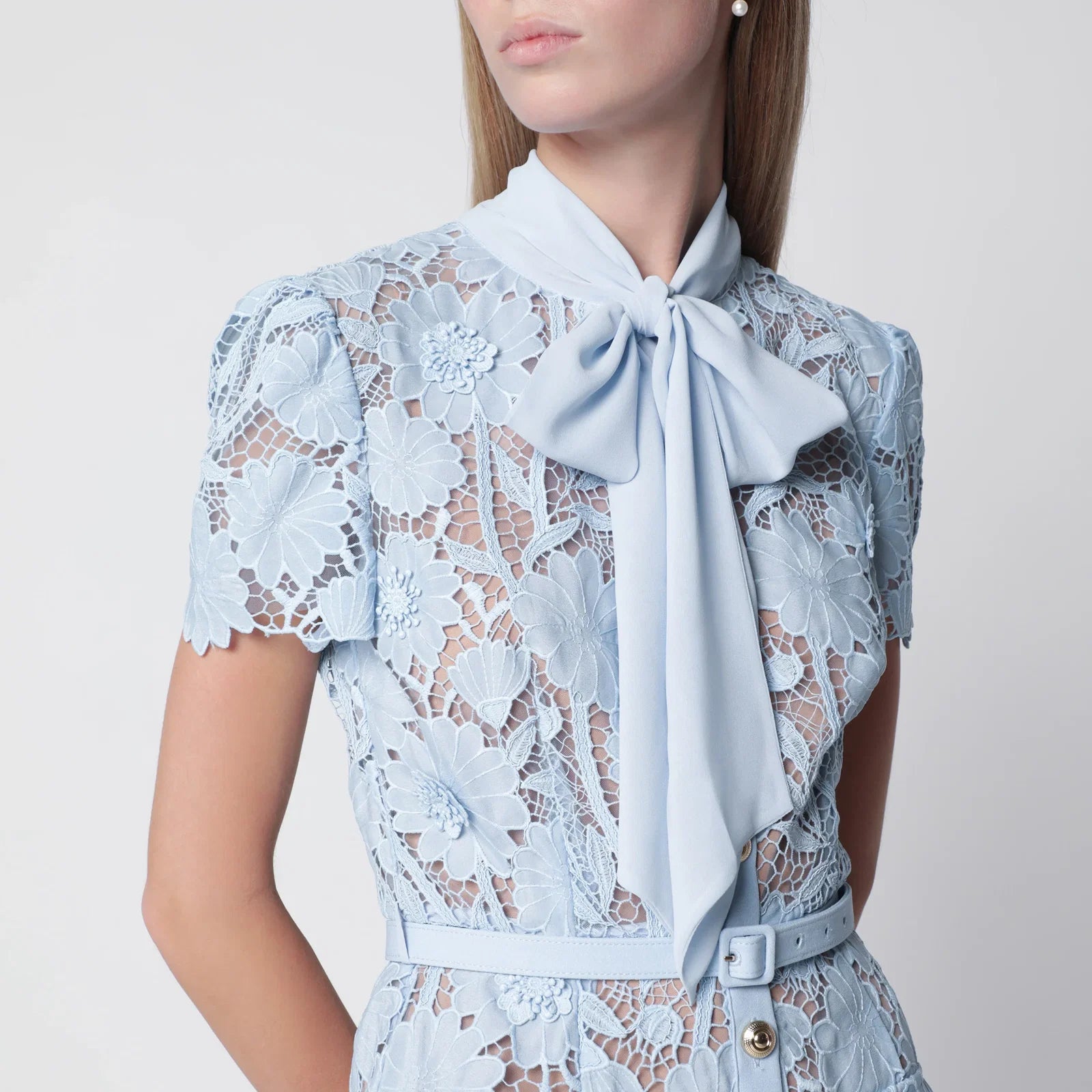 Self-Portrait SELF PORTRAIT Tie-neck lace midi dress in blue