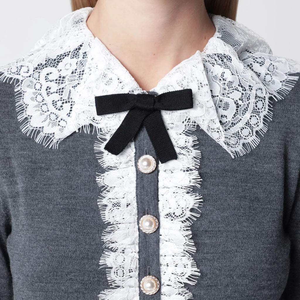 Self-Portrait SELF PORTRAIT Knitted wool cardigan with lace collar in grey