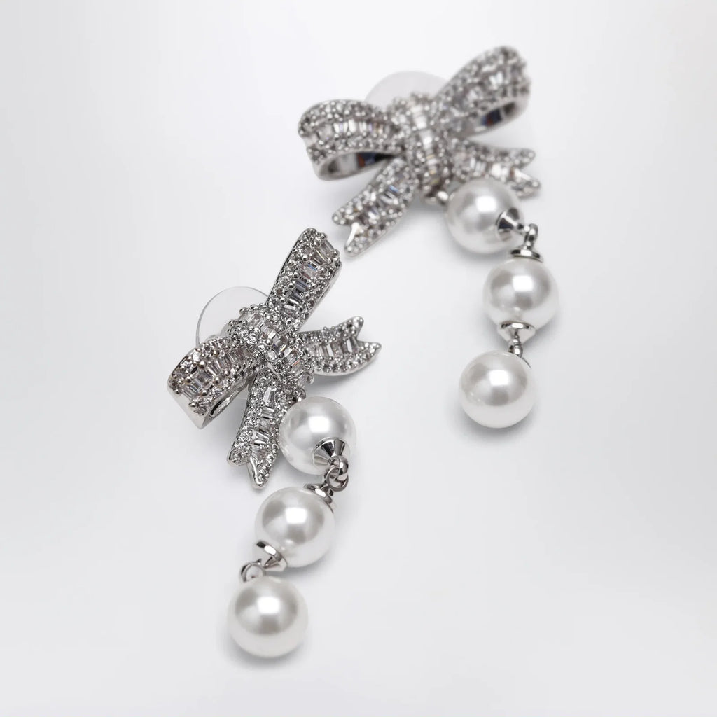 Self-Portrait SELF PORTRAIT Crystal bow and pearl drop earrings in silver