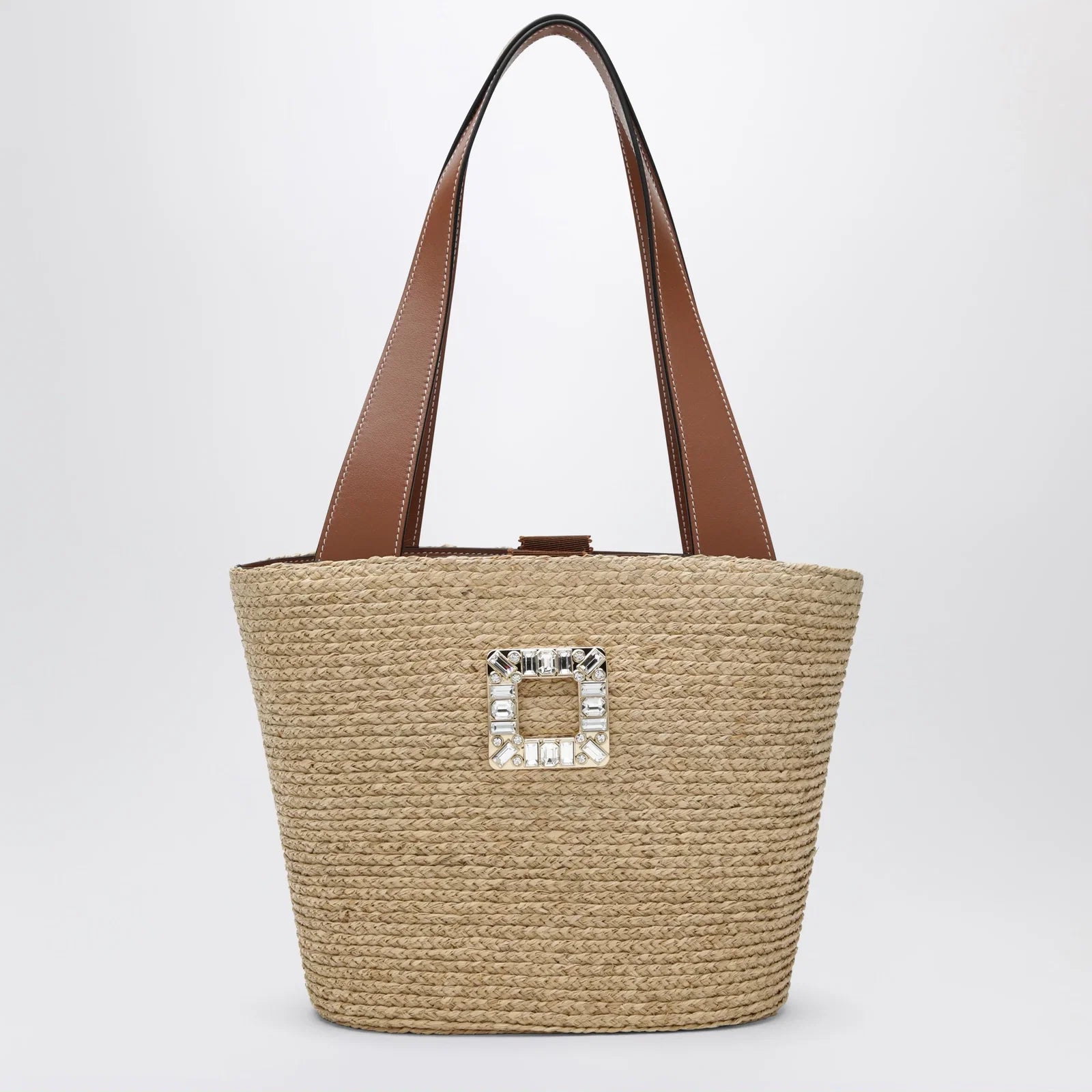 ROGER VIVIER Viv' Skate Shopping Bag in Beige/Cognac Raffia